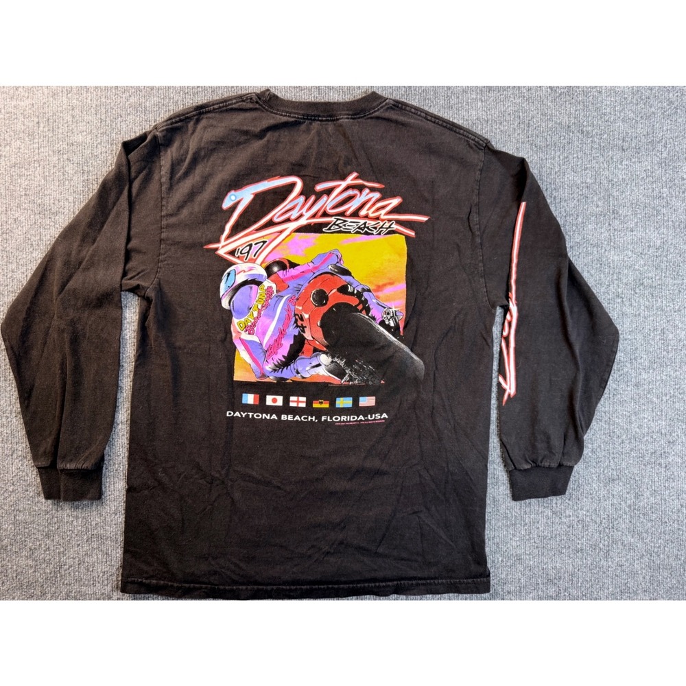Vintage J Galt Daytona Beach Racing Graphic Tee L/S Black Mens M 1995 Biker Y2K